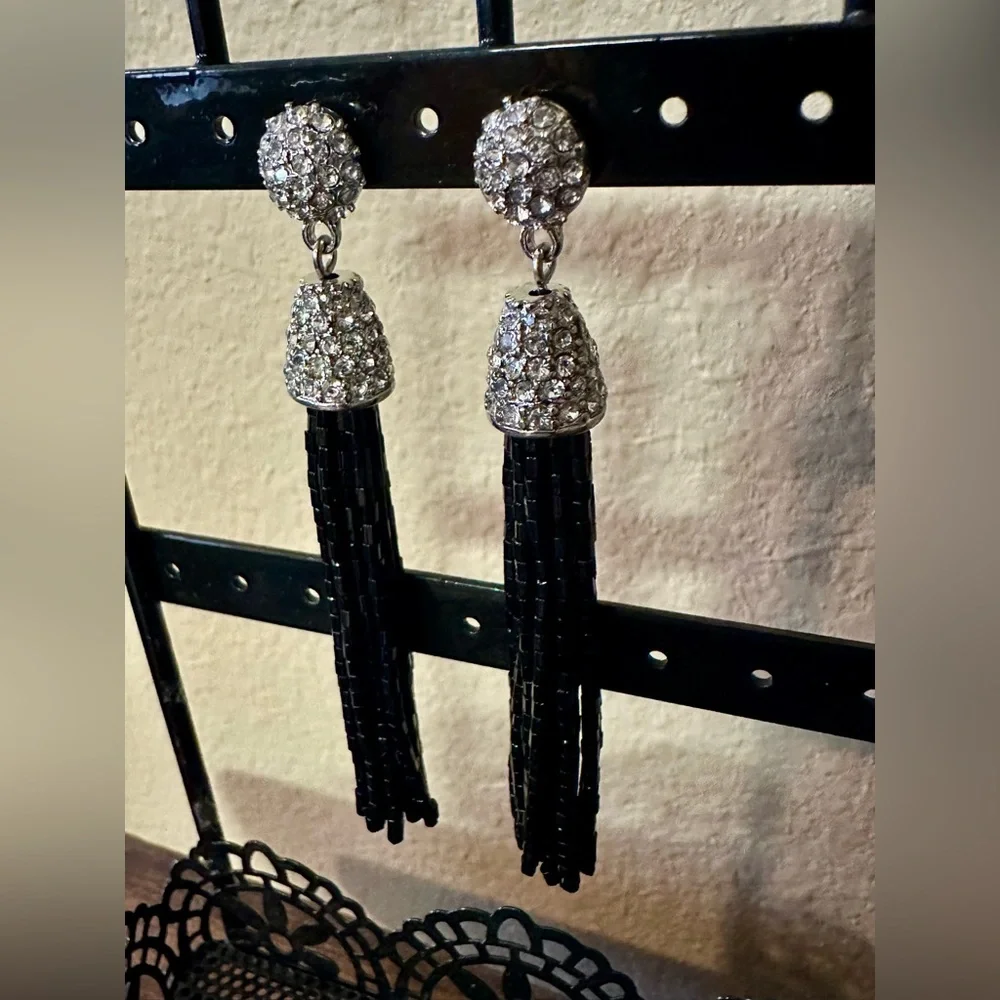 🖤 Black Tassel Statement Earrings with Silver Rhinestone Accents - Picture 6 of 6